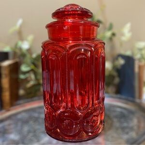 Vintage LE Smith Moon & Stars Red Glass Canister Large 11.5” Mid Century
